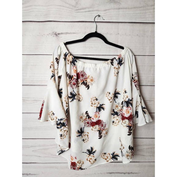 Umgee Womens Blouse White Floral 3/4Bell Sleeve Off Shoulder‎ Loose Fit Boho S - Picture 2 of 7
